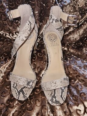 Vince Camuto Women's Snake-Print Ankle Strap Sandals in Beige